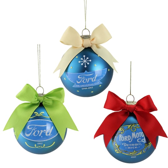 3&#x22; Blue Ford Logo Collectible Glass Ball Ornament Set